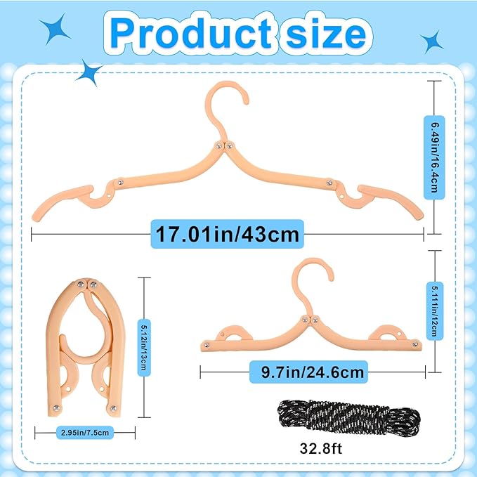 20 Pcs Travel Hangers Foldable Hangers, Portable Folding Clothes Hanger, Lightweight Folding Hanger Travel Accessories for Home School, 4 Colors with Clothesline
