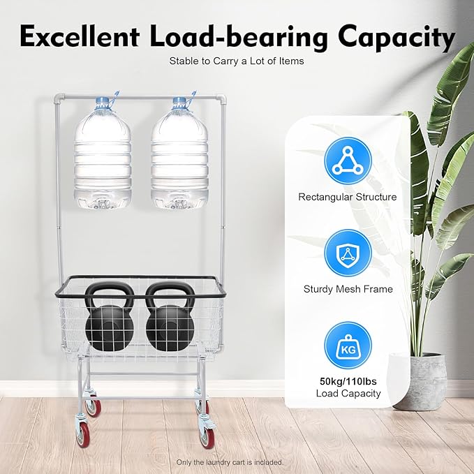 Laundry Cart with Clothes Rack, Rolling Laundry Basket with with Wheels, Commercial Laundry Basket, Steel Frame with Chrome Finish, Heavy Duty Wire Laundry Cart for Laundry