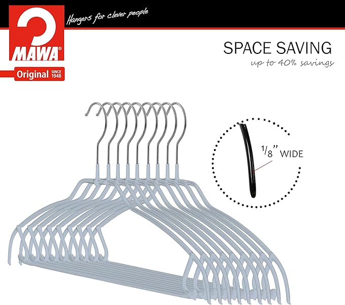 Mawa by Reston Lloyd Silhouette Ultra-Thin Series, Non-Slip Space Saving Shirt Hanger with Pant Bar & Skirt Hooks, Style 42/FTU, Pack of 2, Silver