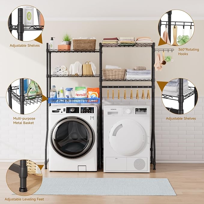 Over Washer and Dryer Shelves,Heavy Duty Laundry Room Storage Organization Clothes Drying Rack,5 Tier Adjustable Height Wire Shelving and Wire Basket with Hanger Rod&Hook,Space Saving Shelf | Heavy Duty, Clothes Drying Rack, Adjustable Height, Hanger R...