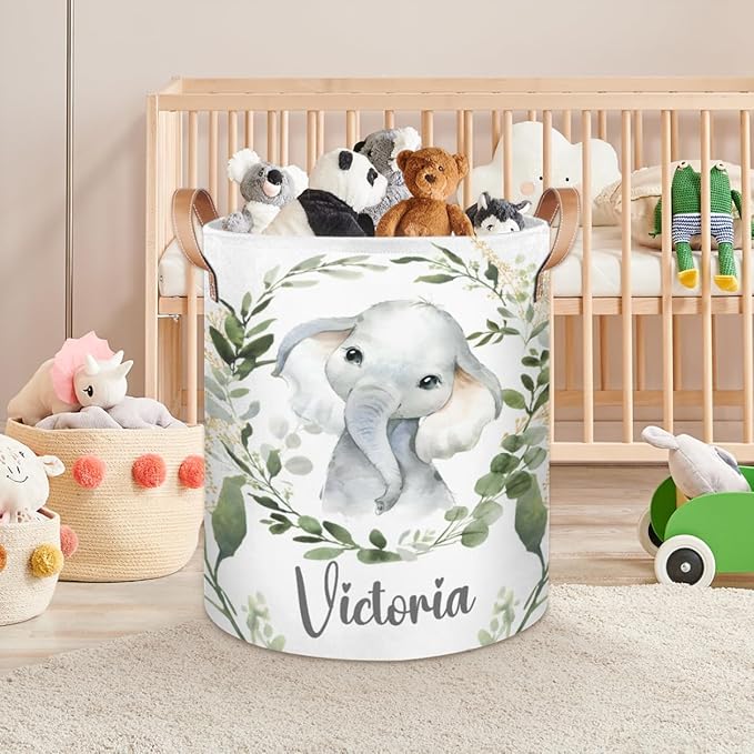 Personalized Laundry Basket, Custom Gift Laundry Hamper, Collapsible Nursery Waterproof Laundry Baskets, Dirty Clothes Toy Hamper with Handles Jungle Elephant