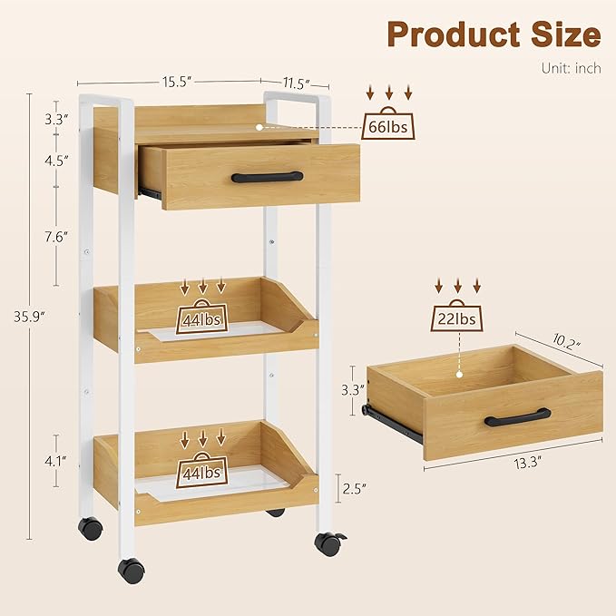 Hoctieon 3-Tier Rolling Storage Cart with Drawer, Rolling Utility Cart Organizer, Mobile Shelving Unit with Wheels, Metal Frame, Kitchen Utility Cart for Small Space, Office, Bathroom, Oak Beige