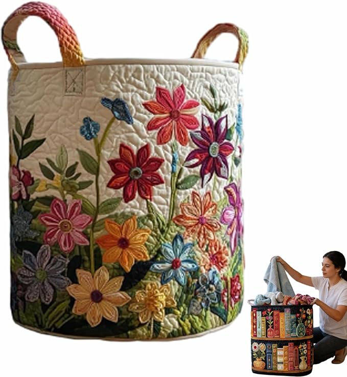 Quilted Laundry Basket, Quilted Laundry Basket with Handles, Boho Fabric Floral Storage, For Bedroom Laundry (#04, 16"L x 16"W x 22"H)