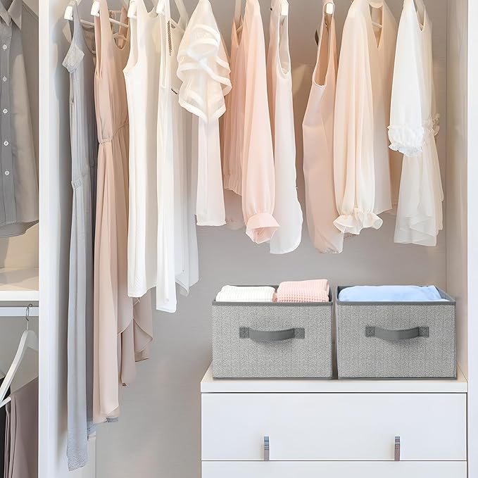 Storage Baskets, 11-Inch Woven Fabric Bins, Storage Cubes with Reinforced Handles, Organizer Bins for Closet Shelves, Foldable, for Toys, Clothes (4PCS/Grey-11*11*7.8inch)