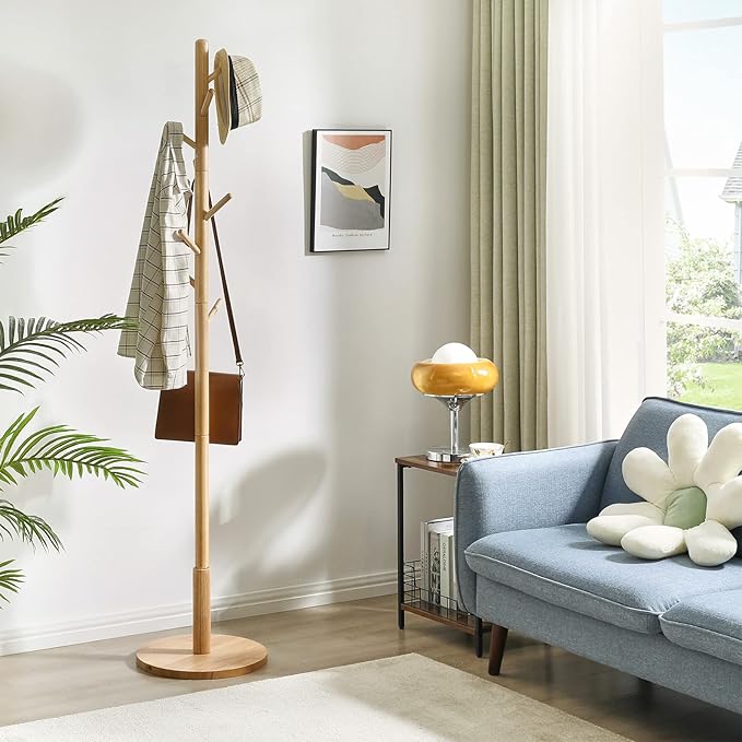 IBUYKE Coat Rack Stand, Freestanding Coat Tree with Solid Round Base and 8 Hooks, Easy Assembly Wooden Coat Hanger, Clothes Rack for Hallway Entryway, Living Room, Bedroom, Natural Color WD-115
