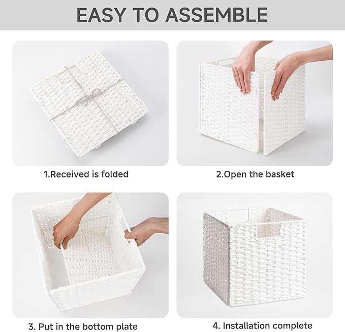 StorageWorks 11 inch Wicker Storage Cubes, Handwoven Cube Storage Bin, Square Cubes Basket, Foldable Paper Rope Basket for Organizing, White, 2 Pack