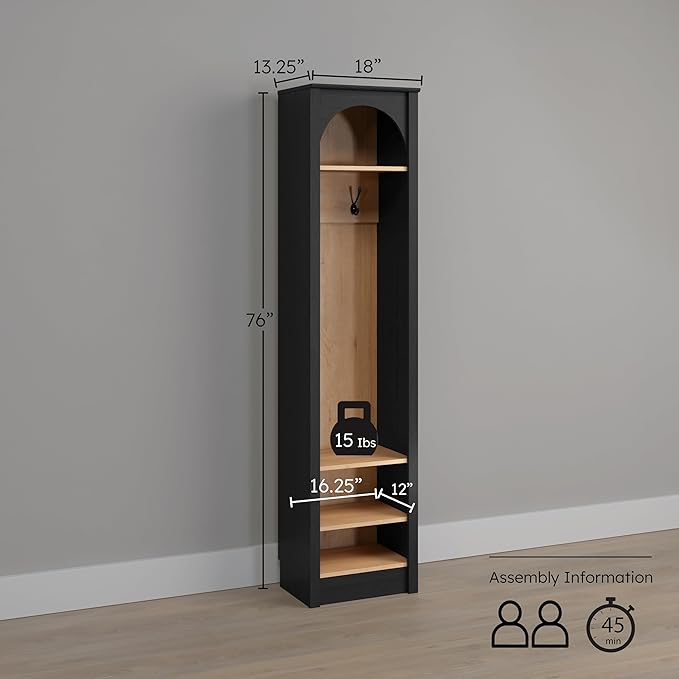 Prepac Ark 76" Tall Arched Entryway Coat Rack in Black Oak with Natural Oak Interior, Hall Tree with 2 Adjustable Shelves, Modern Furniture for Entryway and Living Room, 13.25" D x 18" W x 76" H