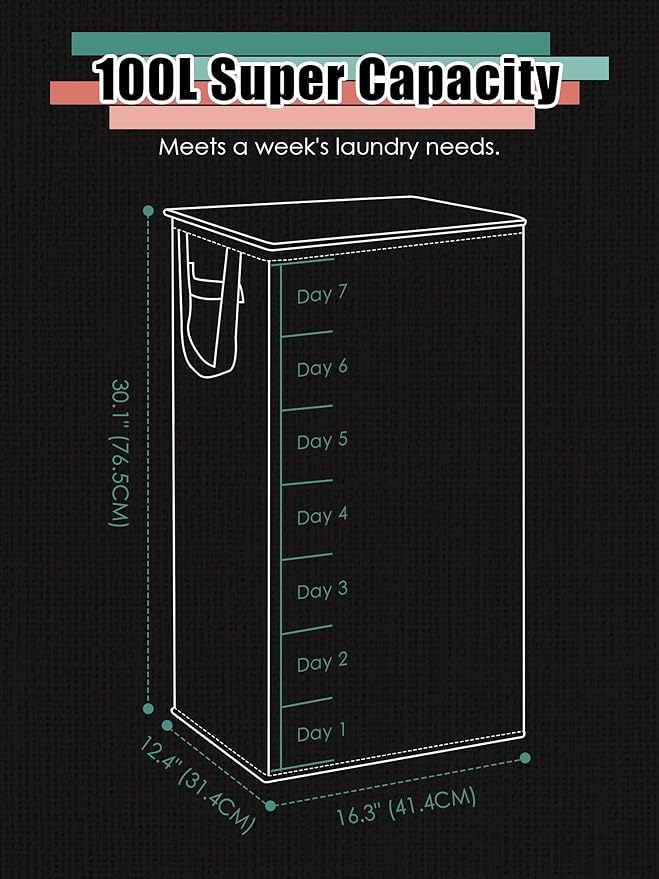 Laundry Hamper with Lid, Reinforced Sturdy Clothes Hamper with Anti-Puncture Base, Large Collapsible Laundry Basket with Removable Liner Bag, Tall Dirty Clothes Bin for Family, 100L Pink