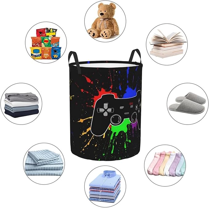 62l Round Laundry Hamper Game Joystick Storage Basket Waterproof Coating Organizer Bin For Nursery Clothes Toys