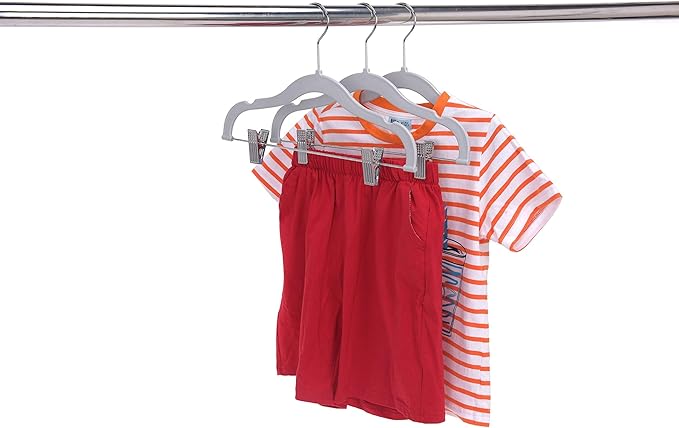 Quality Kids Children's Plastic Non Velvet Non-Flocked Thin Compact Skirt Pant Coat Hangers with Metal Clips for Skirts Pants Blouses 360° Swivel Hook, Jacket, Shirt, Legging, Suit Hangers (Gray, 10)