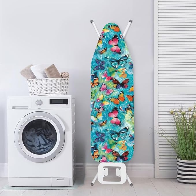 Colorful Butterfly Heat Reflective Iron Pad for Board Top Stain Resistant Stretchable Premium Fabric Non Stick Scorch Standard Size Ironing Board Cover for 15 x 54 Inch Ironing Boards