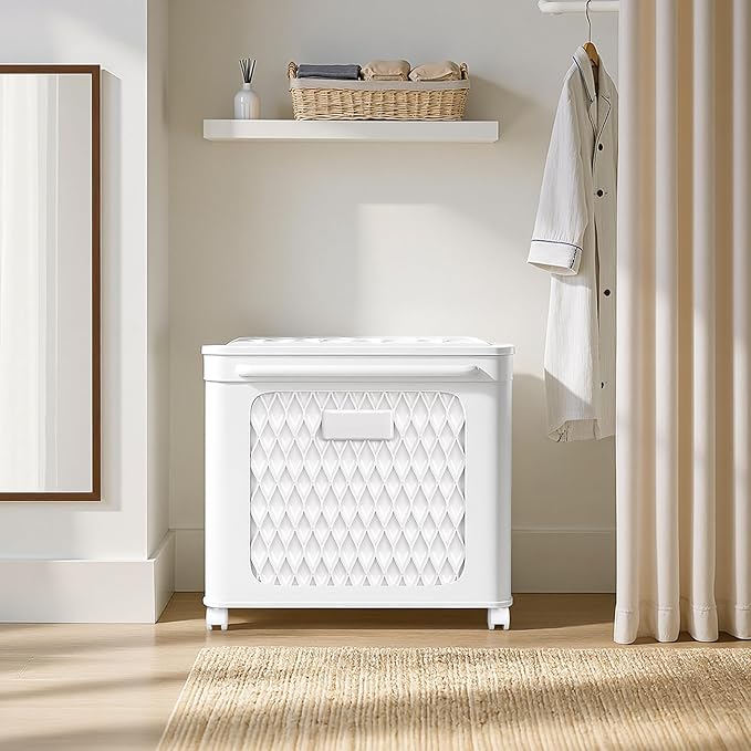 VECELO Rolling Storage Bins with Lid, Plastic Organizers Cart with Wheels & Handle, Foldable Storage Containers for Laundry, Bathroom, Bedroom, 19.3" x 13.8" x 19.1", White
