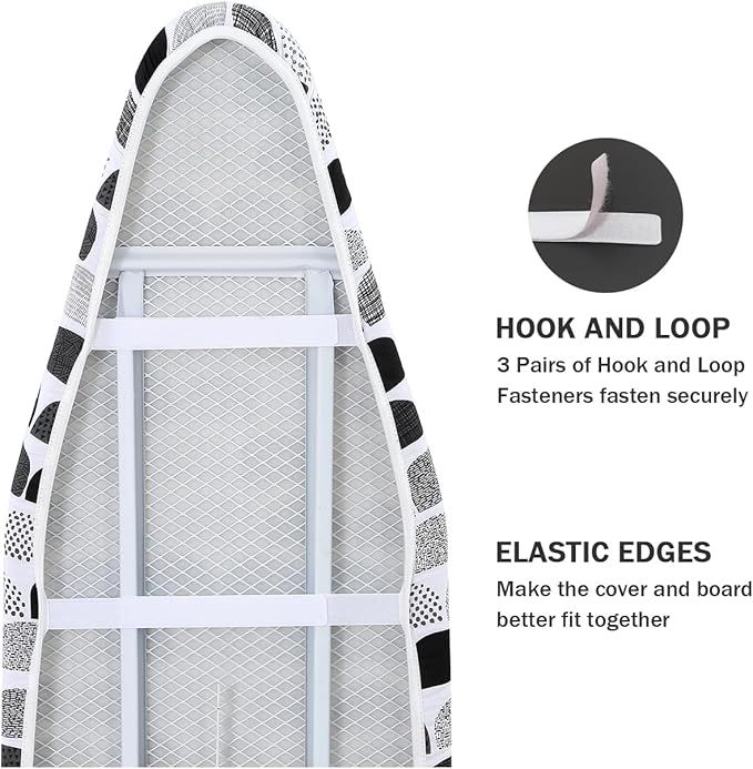 Ironing Board Cover and Pad Standard Size 15" x 54",3 Pairs of Hook and Loop Fastener Straps,Elastic Edges,Cotton Iron Board Cover with Scorch Resistant Thick Padding(Semi-Circle)