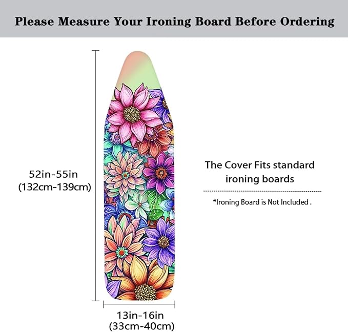 Boho Floral Ironing Board Pad Ironing Board Cover and Pad 15" x 54" Scorch Resistant Padding Heavy Duty Iron Board Pad Standard Size Extra Thick Iron Board Cover Replacement