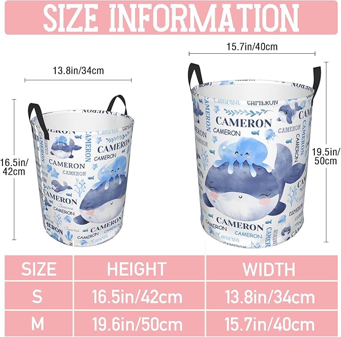 Whales Laundry Basket,Personalized Laundry Hamper for Boys Girls,Custom Laundry Basket With Name, Customized Dirty Clothes Hamper for Bathroom Bedrooms,S-16.5"X 13.8"