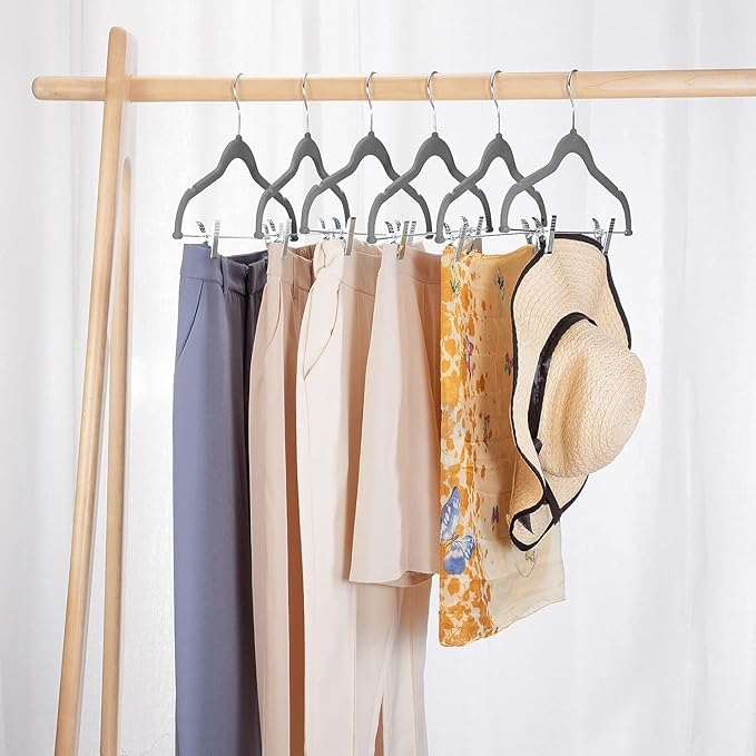 VECELO 40 Pack Velvet Clothes Hangers with Adjustable Clips,Heavy-Duty Non Slip & Space-Saving with 1 Magic Hangers & 2 Tie Rack for Suit Coat Pants Skirt Dresses