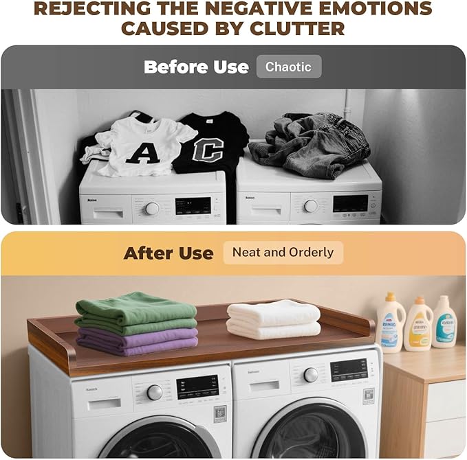 FAHKNS Washer Dryer Countertop - Wood Laundry Washer Dryer Topper with Anti-Slip Mat, 54" Width Waterproof Laundry Room Organization, Light & Save Space, Walnut