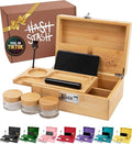The OG Storage Box - Large Bamboo Box with Combination Lock, Magnetic Lid, Organizer Tray, Airtight Tube and 3 Smell-Proof Jars - Discreet Decorative Locking Wooden Box with Accessories (Wood/Silver)