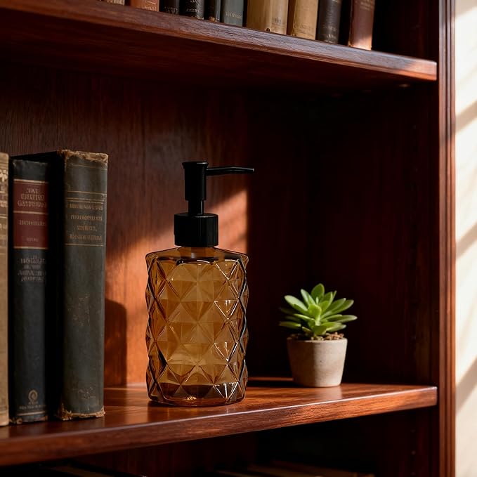 Brown Soap Dispenser, 12oz Black Pump Green Glass Soap Dispenser, Refillable Hand Liquid Dispenser Set, Lotion Dish Dispenser for Modern Home Decor, Bathroom, Kitchen Countertop(2 Pack)
