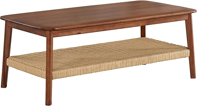 Alaterre Furniture Calais Coffee Table - 48-Inch Living Room Table with Woven Shelf - Solid Acacia Wood Coffee Table (Warm Chestnut)