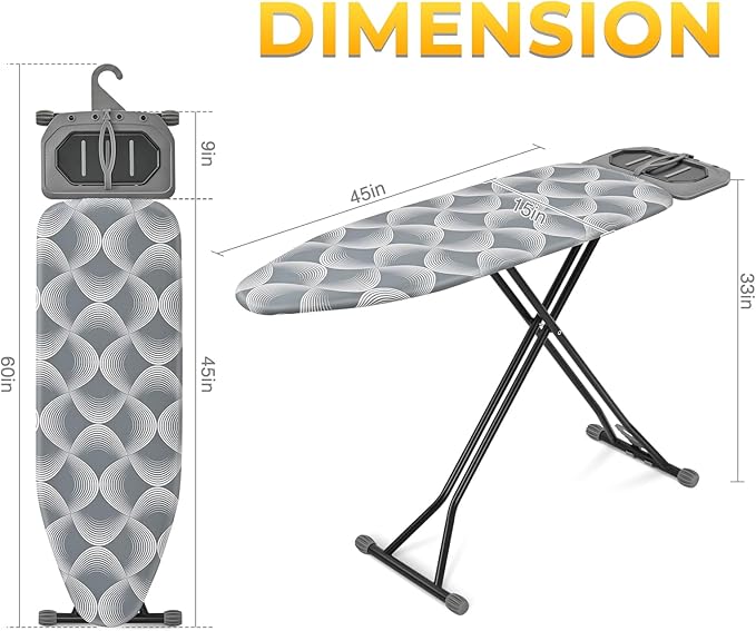 KINGBOARD Ironing Board, Metal Panel Iron Board Full Size with Iron Rest, Compact Iron Board with 7 Height Adjustable, Heavy Duty Folding Iron Stand with Hanger, 15x45 Grey