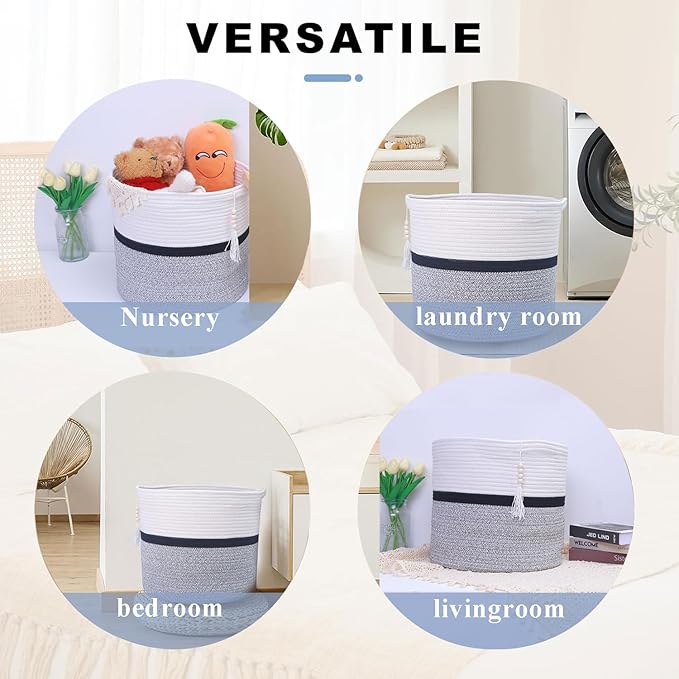 Cotton Rope Storage Bin,Natural Handmade Woven Hamper for Living Room,Blanket Basket for Clothes, Pillows, Towels (black, 55L)