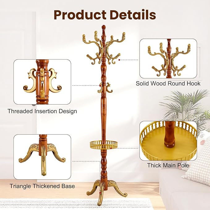 Freestanding Vintage Coat Rack with 11 Hooks, Sturdy Wooden Hall Tree for Entryway, Heavy-Duty Tri-Legged Base for Hats, Jackets, Bags, Easy Assembly for Bedroom, Hallway