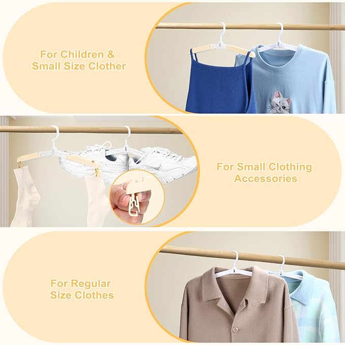 6 Pack Fodable Travel Hangers with Clips & Adjustable Clothesline, Portable Collapsible Hangers with Storage Bag for Suitcase, Hotel, RV, Cruise Essentials Set (Beige)