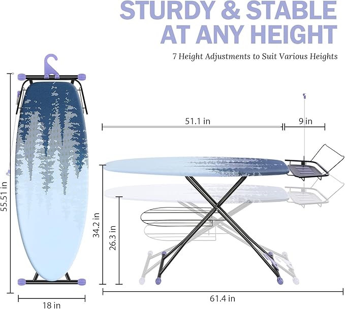 APEXCHASER Ironing Board Full Size with Iron Rest, Metal Panel Iron Board with Heat & Scorch Resistant Cover, Adjustable Height Heavy Duty Ironing Board, for Home, Dorm, 18 x 51 Purple