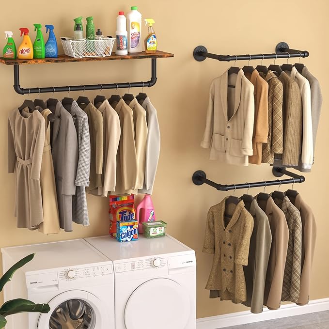 Wall Mounted Clothes Rack 21.06in, Industrial Pipe Wall Mount Clothing Rack, Heavy Duty Iron Garment Racks, Space Saver Multi-purpose Hanging Rod for Laundry Room, Closet Storage, 2 Packs