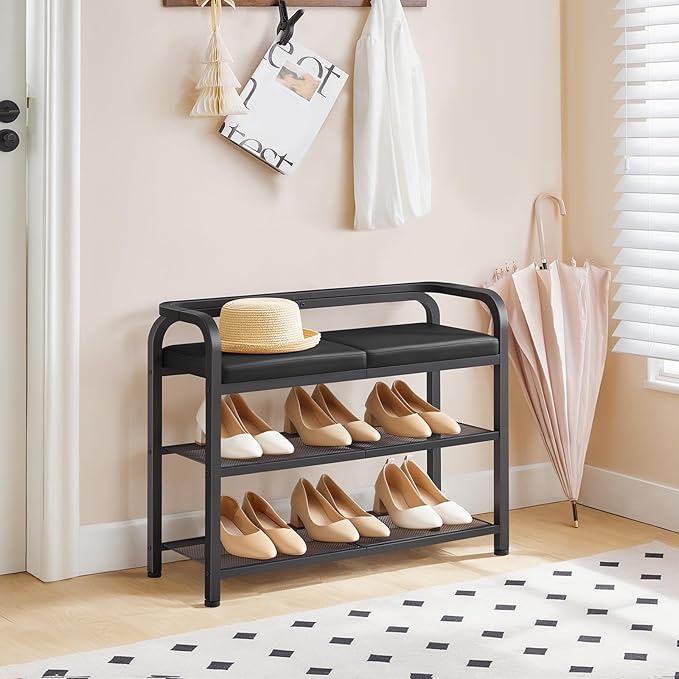 Shoe Bench with Backrest, Entryway Bench, 2-Tier Shoe Rack with PU Padded Seat, Upholstered Shoe Storage Bench with Back, for Hallway, Entryway, Foyer, Bedroom, Black HX04BB