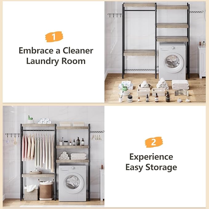GarveeHome 5-Tier Over-The-Washer Storage Shelf - Adjustable Height Laundry Organizer with Double-Layer Wood Shelves, Space-Saving Design for Laundry Room (Gray, 30 in)