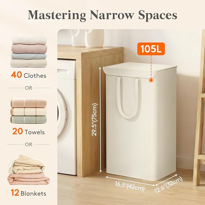 Lifewit 105L Laundry Hamper, Laundry Basket with Lid, Collapsible Clothes Storage with Easy Carry Handles, Thin Hampers for Bathroom Laundry Room Dorm, White