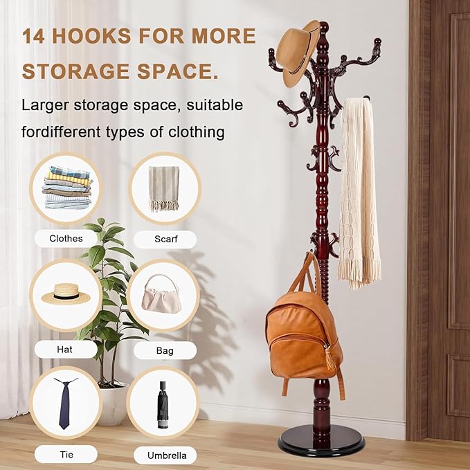 Solid Wood Coat Rack, Free Standing Hall Coat Tree with 14 Hooks, 3 Height Options, 300lbs Load, Stury Base, Clothes Rack for Entryway, Hallway, Bedroom (Disc Base - Rosewood)