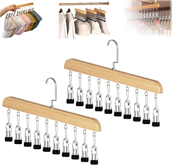 Closet Organizer with 10 Clips, Space Saving Hanging Closet Organizer, Space-Saving Hat Scarf Clothespins for Jeans Skirts Socks Pant Hangers with Clips (Wood-10 Clips, 2PCS)