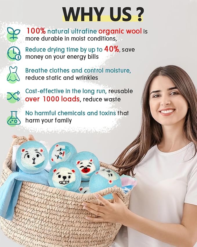 Wool Dryer Balls - Dryer Balls Laundry Reusable - 6-Pack XL Poly Bear Wool Balls for Dryer - Reusable Fabric Softener Ball - Laundry Wool Dryer Balls with Felt Dryer Ball Holder Storage