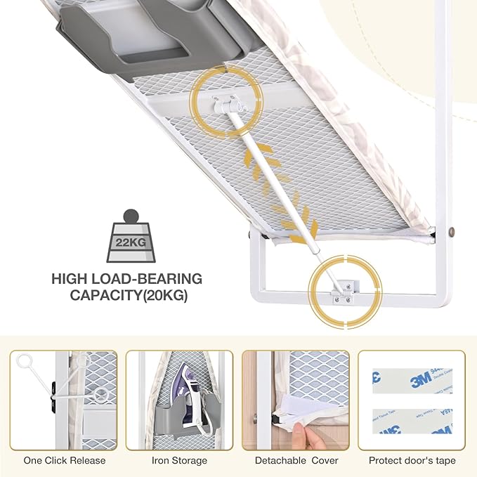 KINGBOARD Over Door Ironing Board, Hanging Ironing Board with Iron Holder, 36" X 12" Compact Fold Down Iron Board for Small Spaces, Removable Heat Resistant Cover, White
