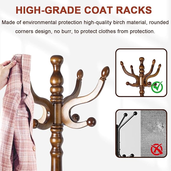 Coat Racks Freestanding, Natural Wood Coat Stands with 14 Hooks, 73" Heavy Duty Adjustable Height Vintage Hall Tree for Entryway, Bedroom, Office, Easy Assembly (Antique color)