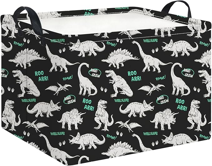 Rectangle Storage Basket with Handles,Collapsible Storage Bin,Books Box,Gift Basket(Green Word Dinosaur)