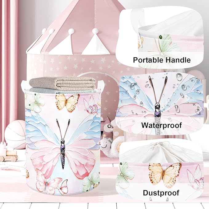 3D Pastel Butterfly Baby Laundry Hamper Collapsible Clothes Kids Storage Basket Large Girls Gift Toy Box Bin for Bedroom, Colorful, 63L