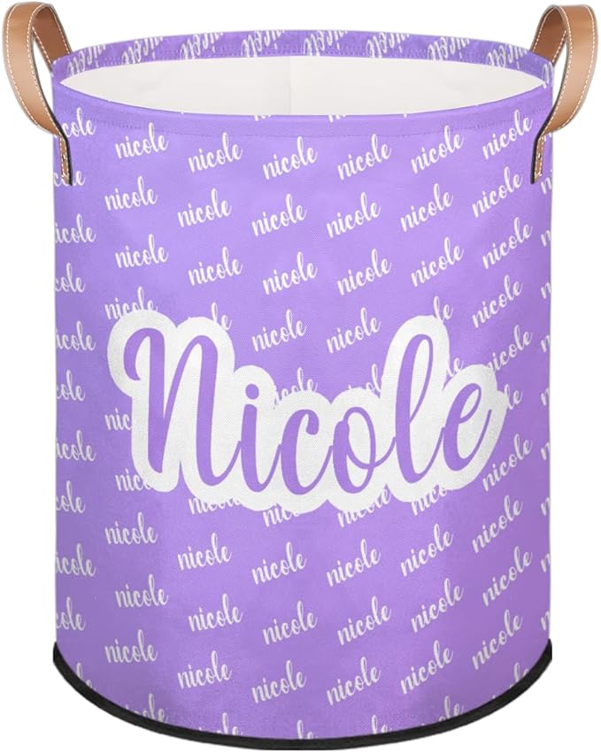 Custom Name Purple Laundry-Hamper, Personalized Kids-Clothes-Hamper Foldable with Name, Customized Storage Basket with Handles Waterproof Gift for Boys Girls Baby Women