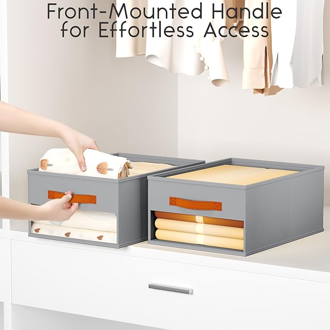 Drawer Organizers and Storage - 12 Pack Foldable Pants Organizer with Clear Window & Handles, Fabric Closet Organizer for Clothes, Jeans, Sweaters, Towels, T-shirt, Scarf (Grey)