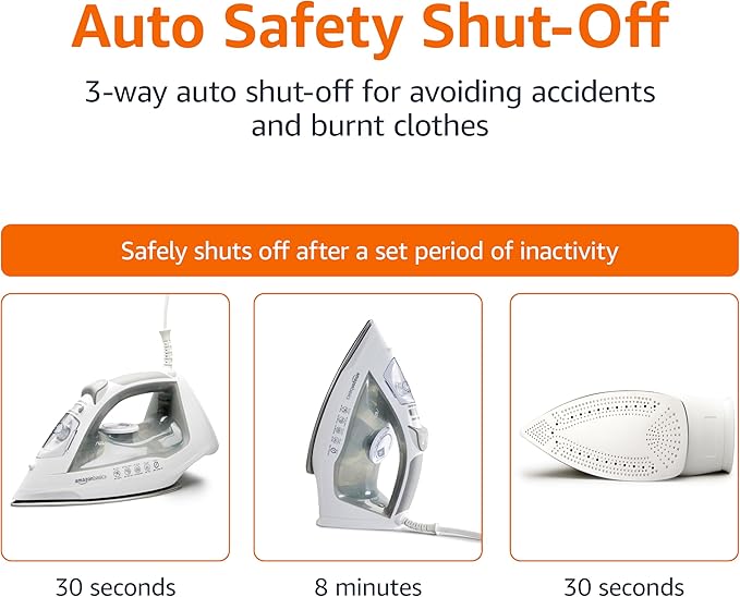 Amazon Basics Steam Iron for Clothes with Safety Auto Shut-Off, Handheld Garment Steamer, Wrinkle Remover, Stainless Steel Soleplate, Anti-Drip, 1700-Watt, 1.62ft, Gray