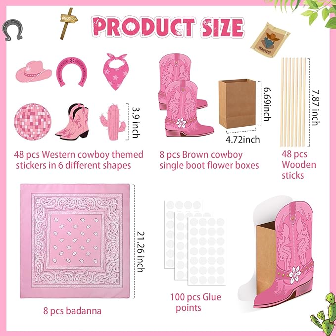 8 Sets 129 Pcs Pink Cowboy Western Party Centerpieces with Cowboy Boots Shaped Box Cutouts and Sticks for Western Party Birthday Decor