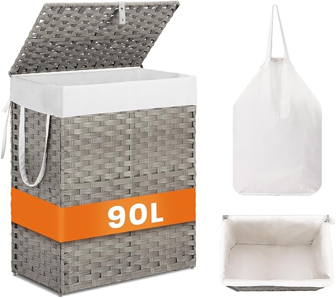 NEWBULIG Foldable Laundry Hamper with Lid, 23.8 Gallon (90L) Large Capacity Clothes Basket, Double Insert Storage Organizer Bin for Bedroom, Bathroom & Laundry Room, Grey