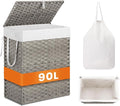 NEWBULIG Foldable Laundry Hamper with Lid, 23.8 Gallon (90L) Large Capacity Clothes Basket, Double Insert Storage Organizer Bin for Bedroom, Bathroom & Laundry Room, Grey