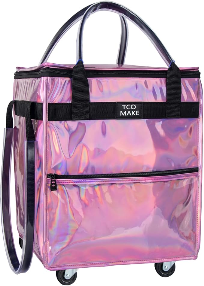 Reusable Grocery Bag on Wheels, Rolling Shopping Bags with Wheels and Handle, Folding Rolling Tote Trolley, Zipper Cover, Carries Up to 22 LBS, Easy Transportation (Small, Phantom Pink)