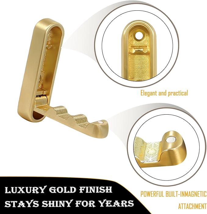 Folding Coat Hooks 2 Pack, Heavy Duty Purse Hook for Wall That Stays Flat, Zinc Alloy Gold Wall Hooks for Towels, Robes, Coats in Bathroom, Closet, Entryway ﻿
