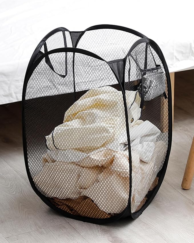 2 PCS Clothes Hampers for Laundry Stackable Divided Baskets Lightweight Room Collapsible Storage Bin 2 Packs Mesh Bags for Home, Dorm, Travel, Camping (Black & White)