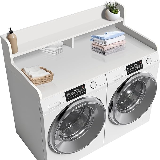2-Tier Washer and Dryer Countertop, Wooden Washer Dryer Countertop, 27.5" Depth X 54" Laundry Countertop Over Washer and Dryer for Folding Clothes Over Washer and Dryer (White)